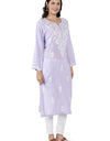 Lucknowi Hand-Embroidery Chikankari Organic Cotton Kurta Set Pastel Lavender & White
