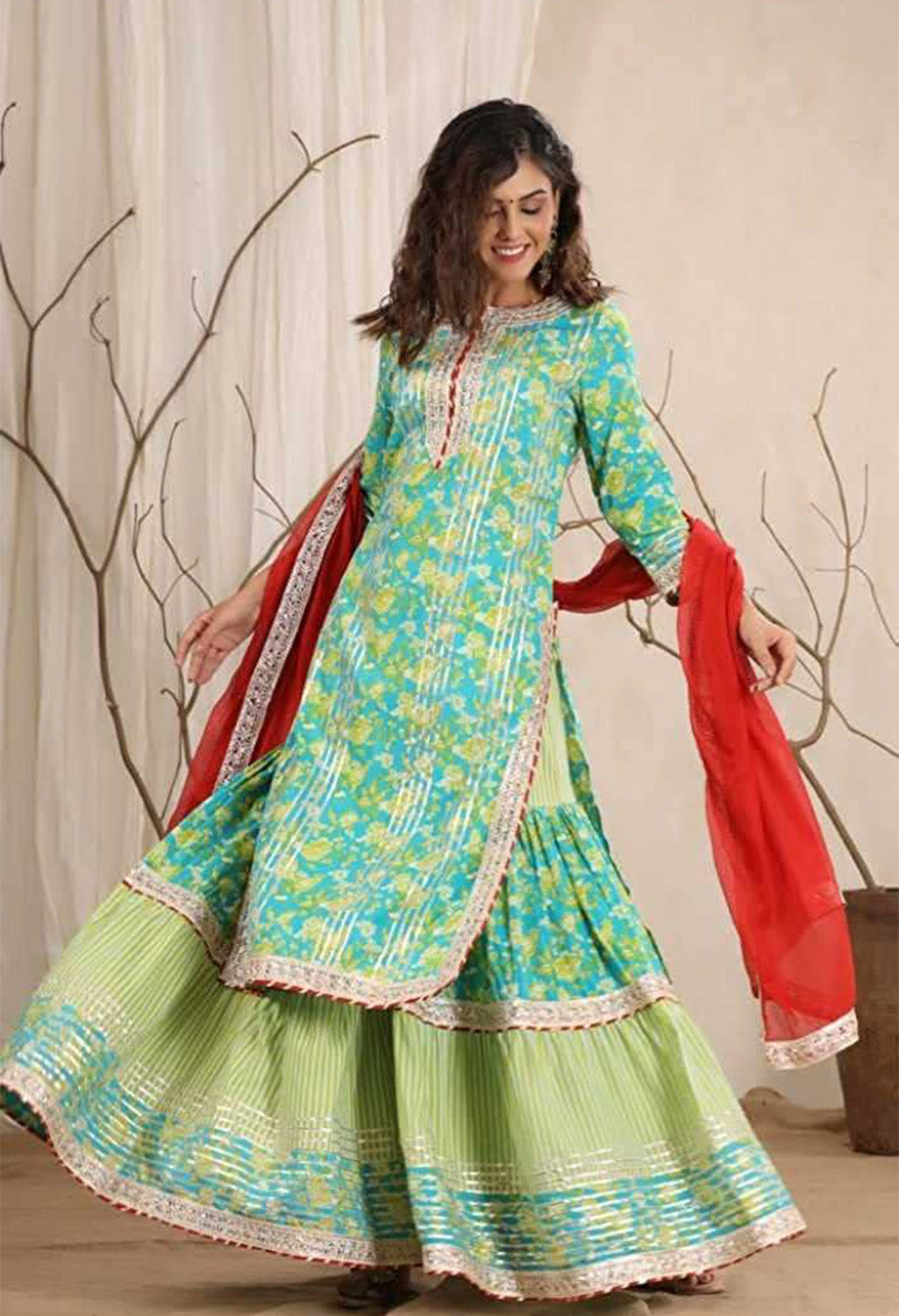 Women Kurta and Churidar Set Cotton Silk, Green