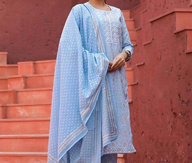 Embroidered Organic Kurta Set with Printed Cotton Dupatta & Pants