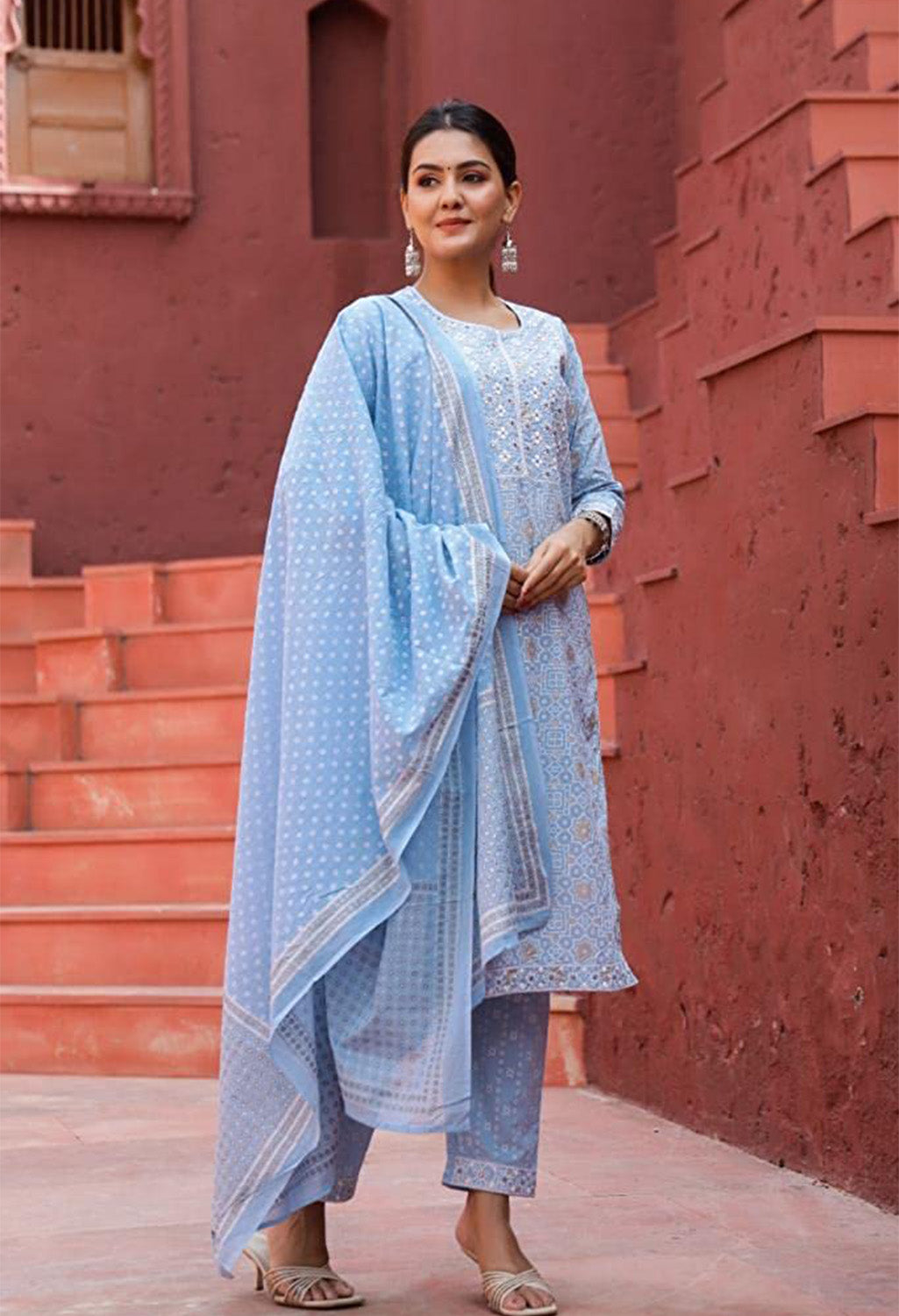 Embroidered Organic Kurta Set with Printed Cotton Dupatta & Pants