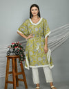 Women's Olive Green Printed Knee Length Kaftan Set with Fitted Pants