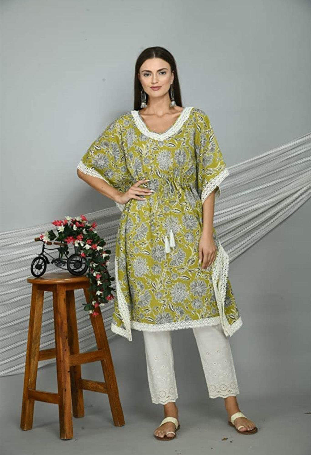 Women's Olive Green Printed Knee Length Kaftan Set with Fitted Pants