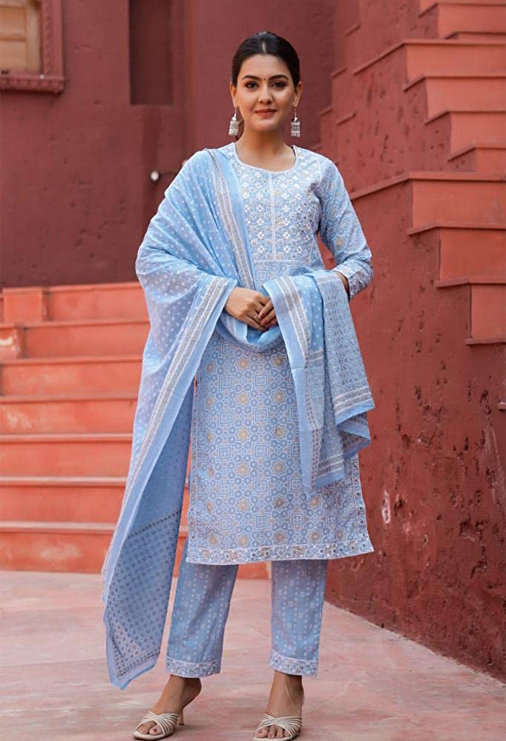 Embroidered Organic Kurta Set with Printed Cotton Dupatta & Pants