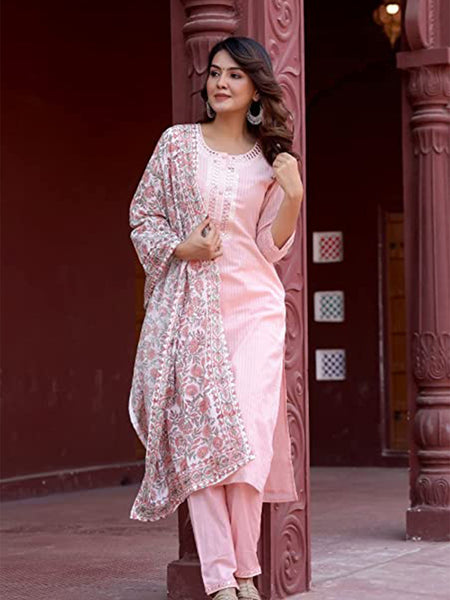 Embroidered Printed Cotton Mirror Work Kurta Set