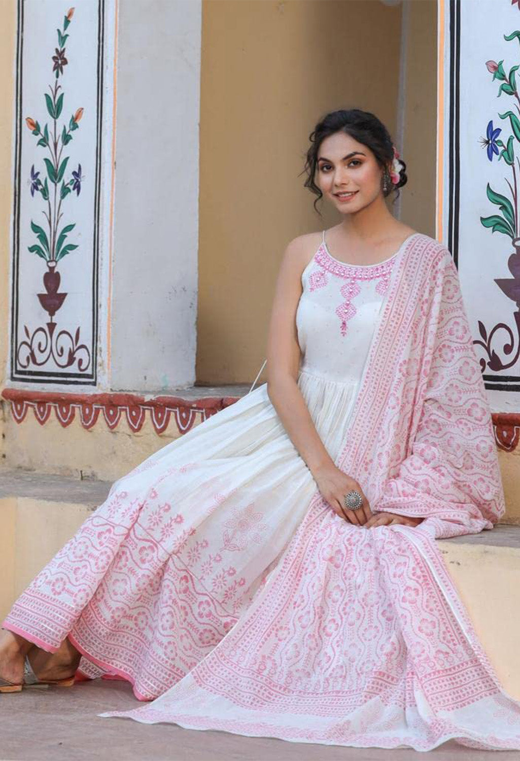 Organic Embroidered Cotton Kurta Kurti Set with Beautiful Mirror Work Summer Pink