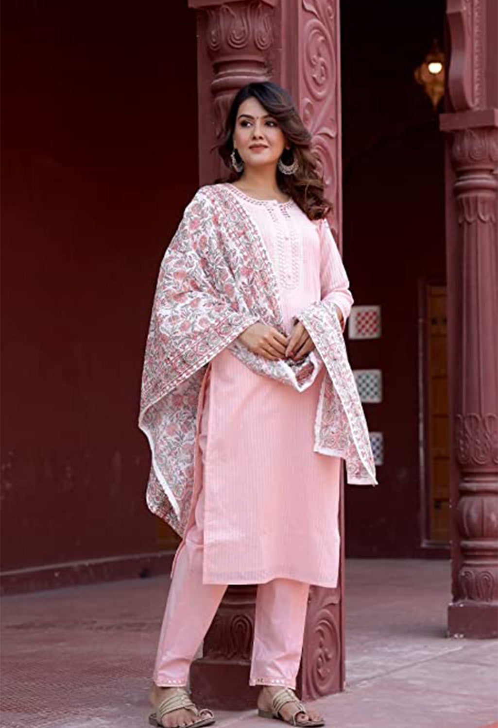 Embroidered Printed Cotton Mirror Work Kurta Set