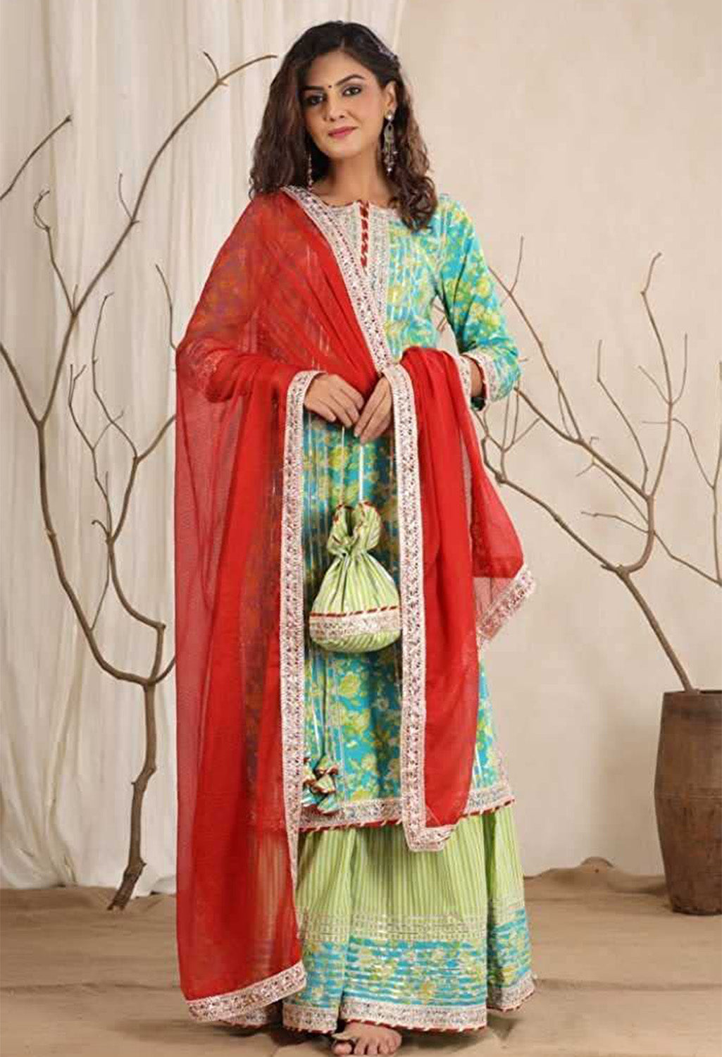 Women Kurta and Churidar Set Cotton Silk, Green