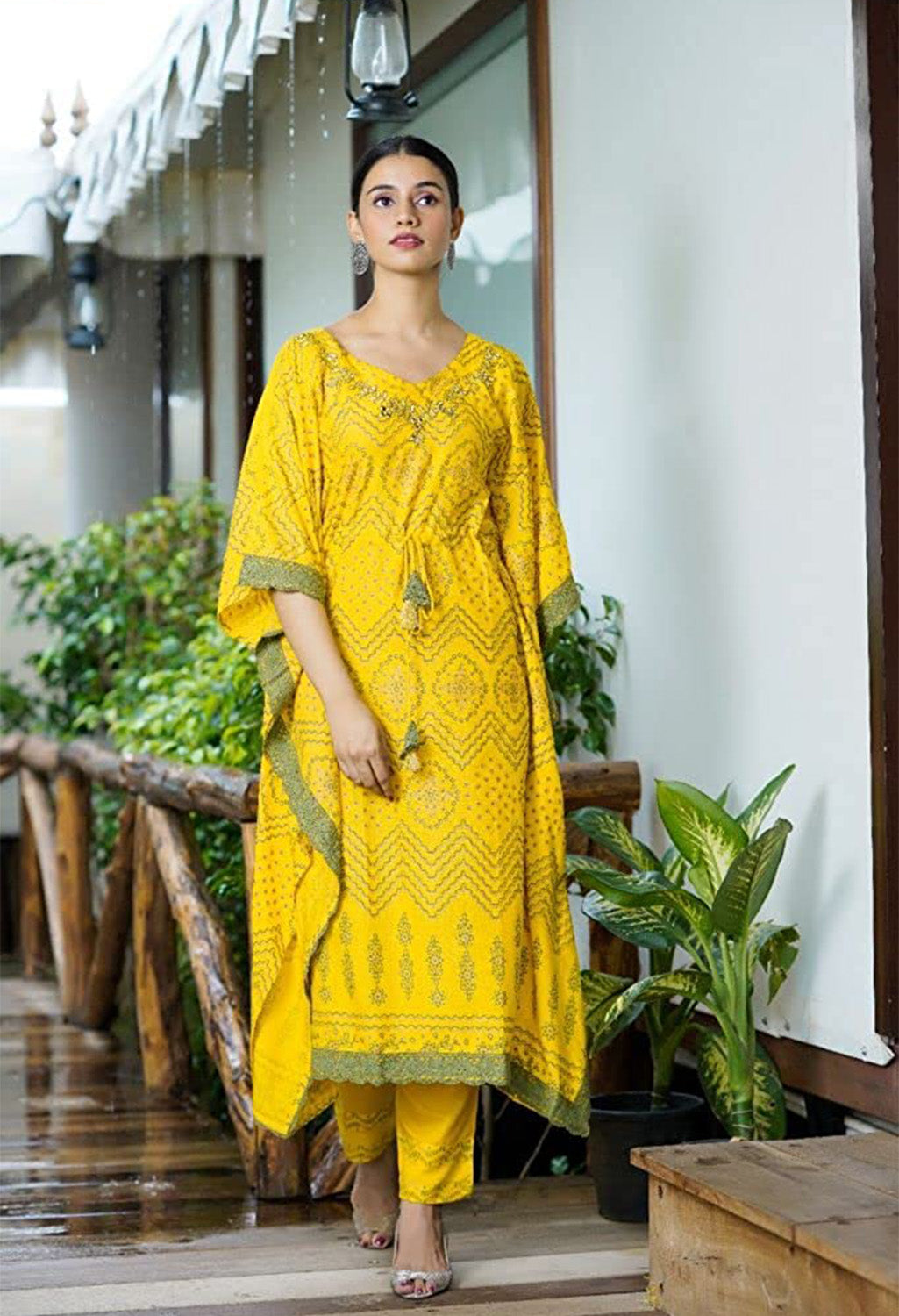 Printed Cotton Blend Women Kaftan Set Yellow