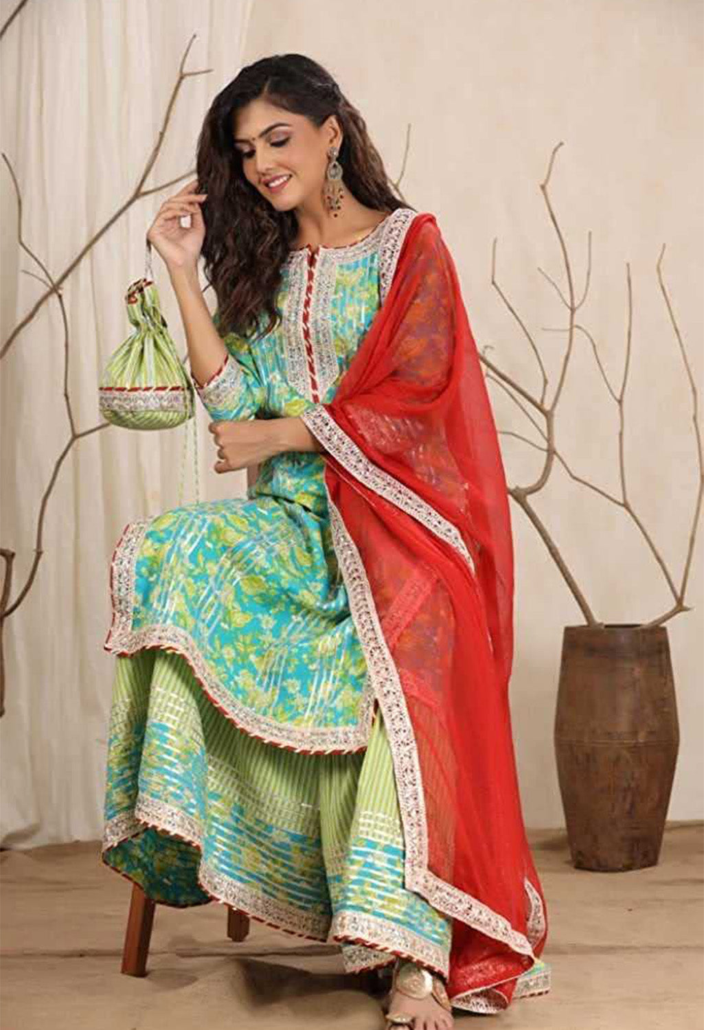 Women Kurta and Churidar Set Cotton Silk, Green