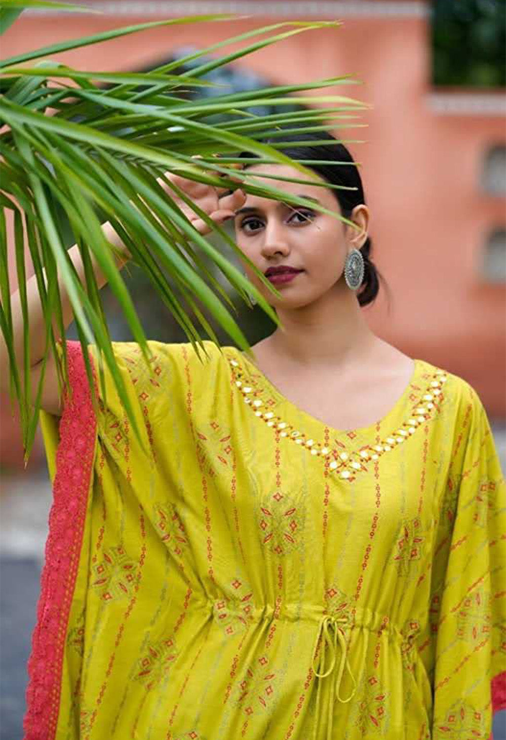 Graphic Printed Cotton Silk Women Kaftan Set - Yellow