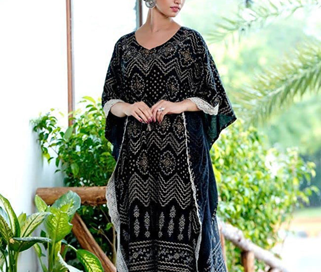 Printed Knee-Length Kaftan Set with Fitted Pants, Black