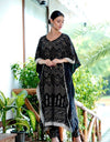 Printed Knee-Length Kaftan Set with Fitted Pants, Black