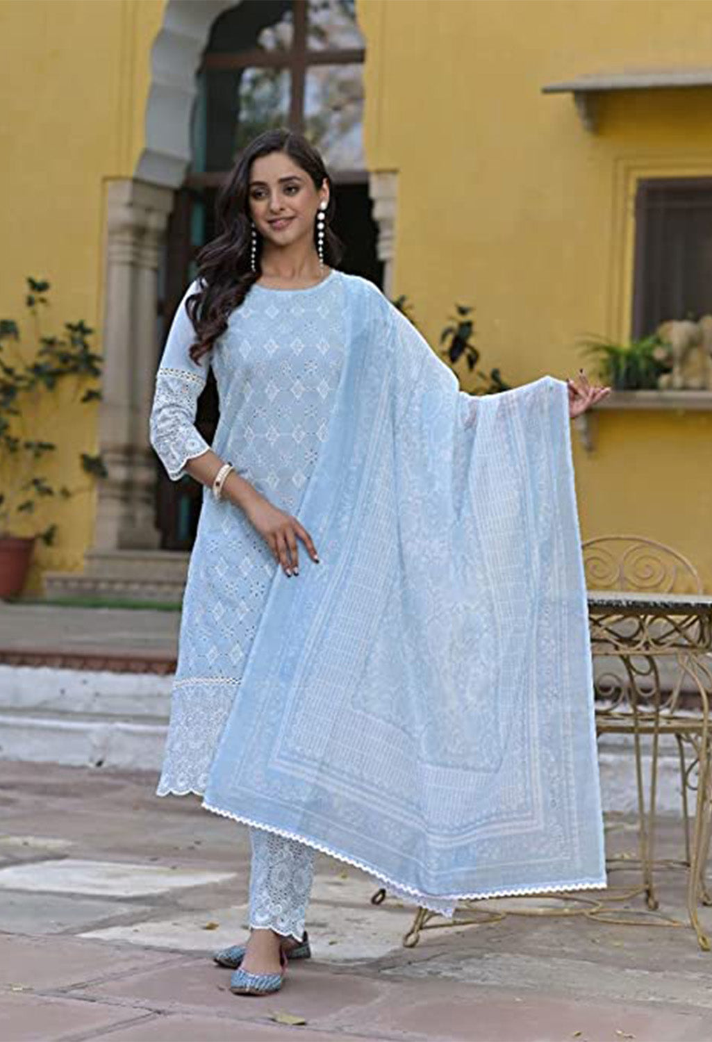 Lucknowi Shifli & Chicken Work Kurti Set with Pant and Dupatta