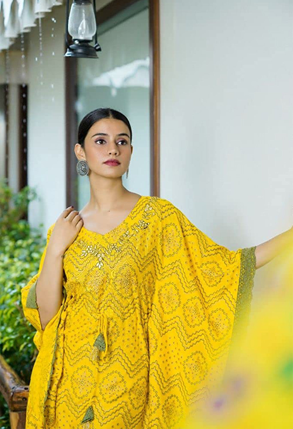 Printed Cotton Blend Women Kaftan Set Yellow