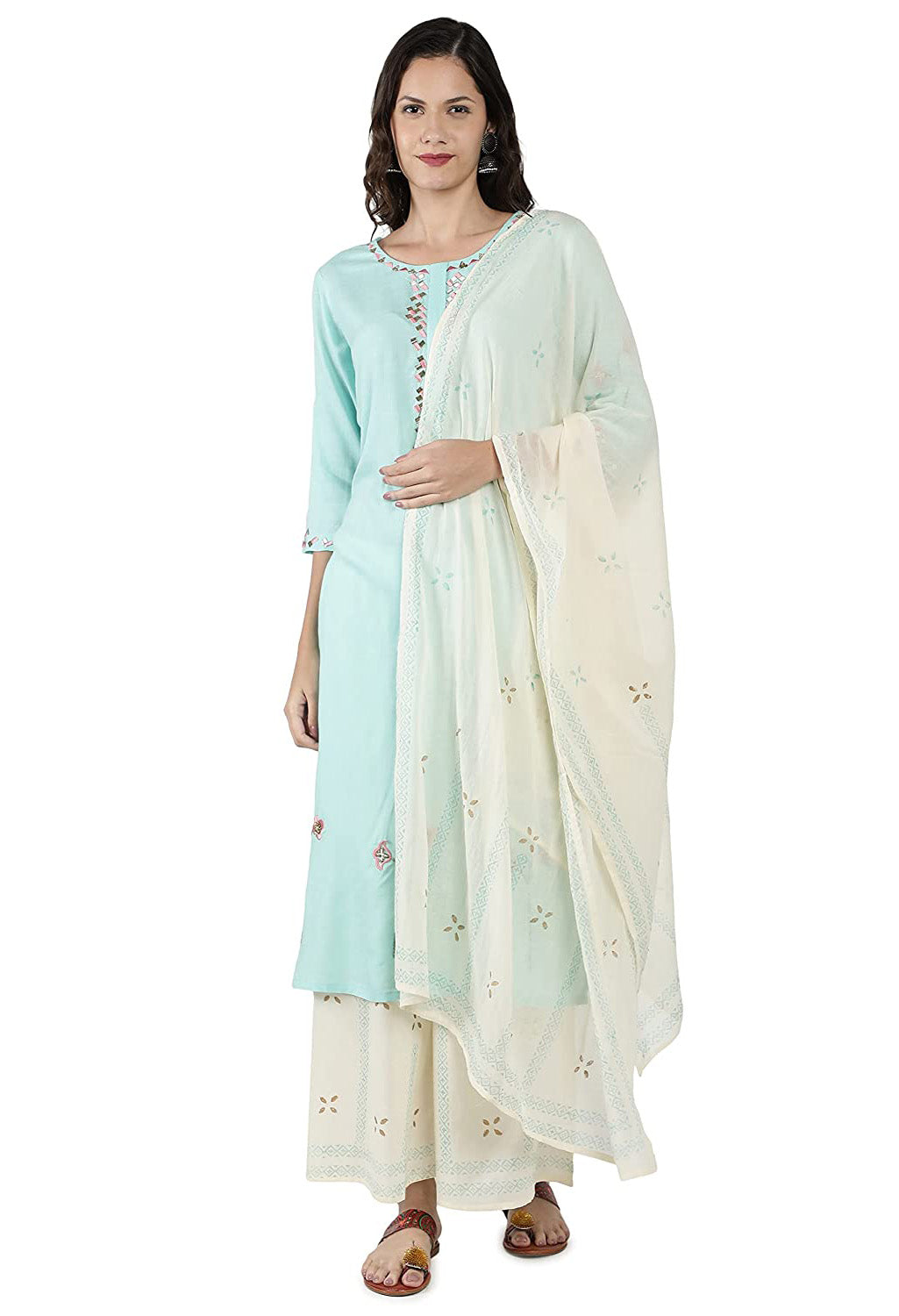 Lucknowi Pure Cotton Kurta Set with Block Print Dupatta
