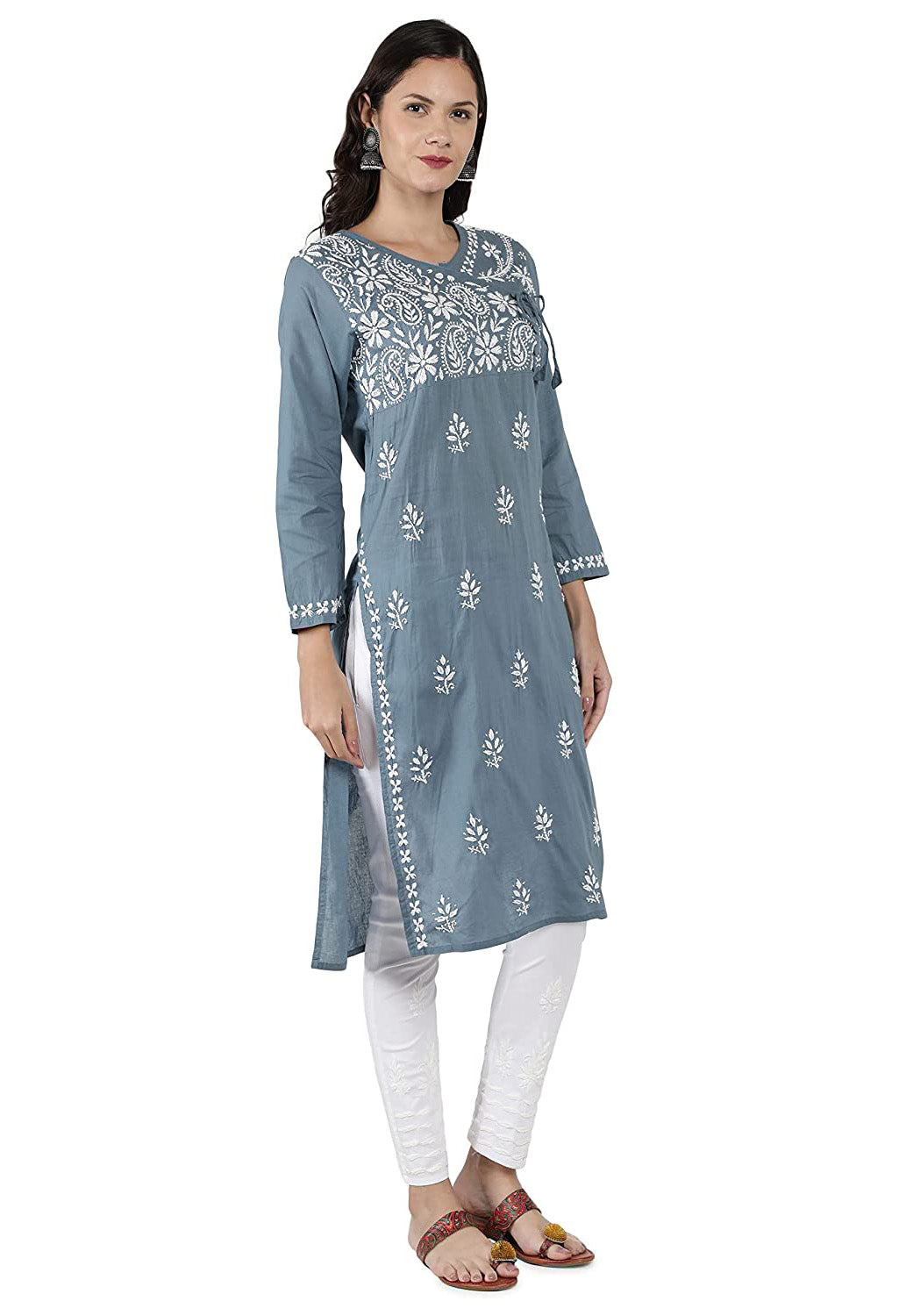Lucknow Chikan Regular Fit Powder Organic Cotton Kurta with  Flexible Lycra Pants