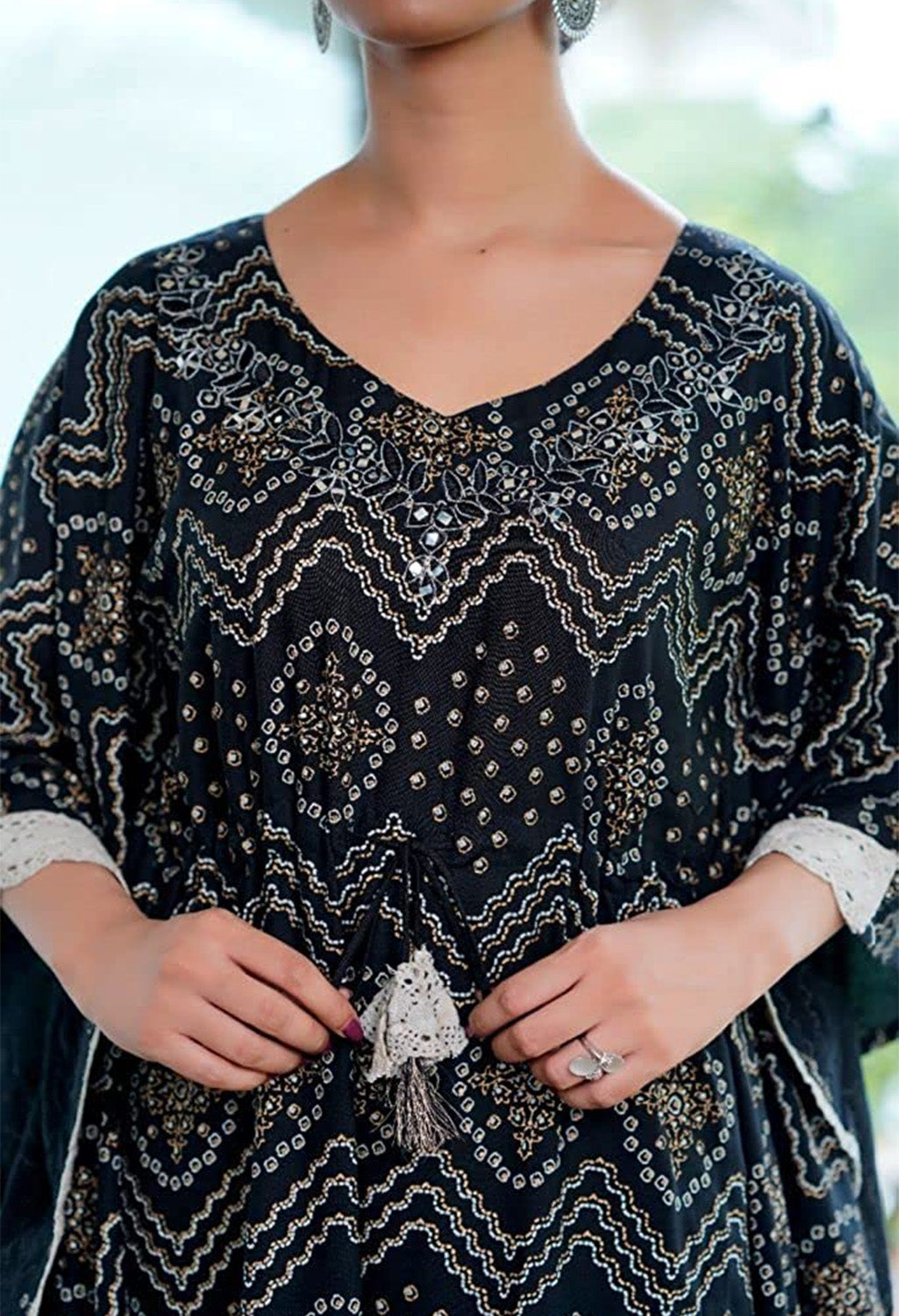 Printed Knee-Length Kaftan Set with Fitted Pants, Black