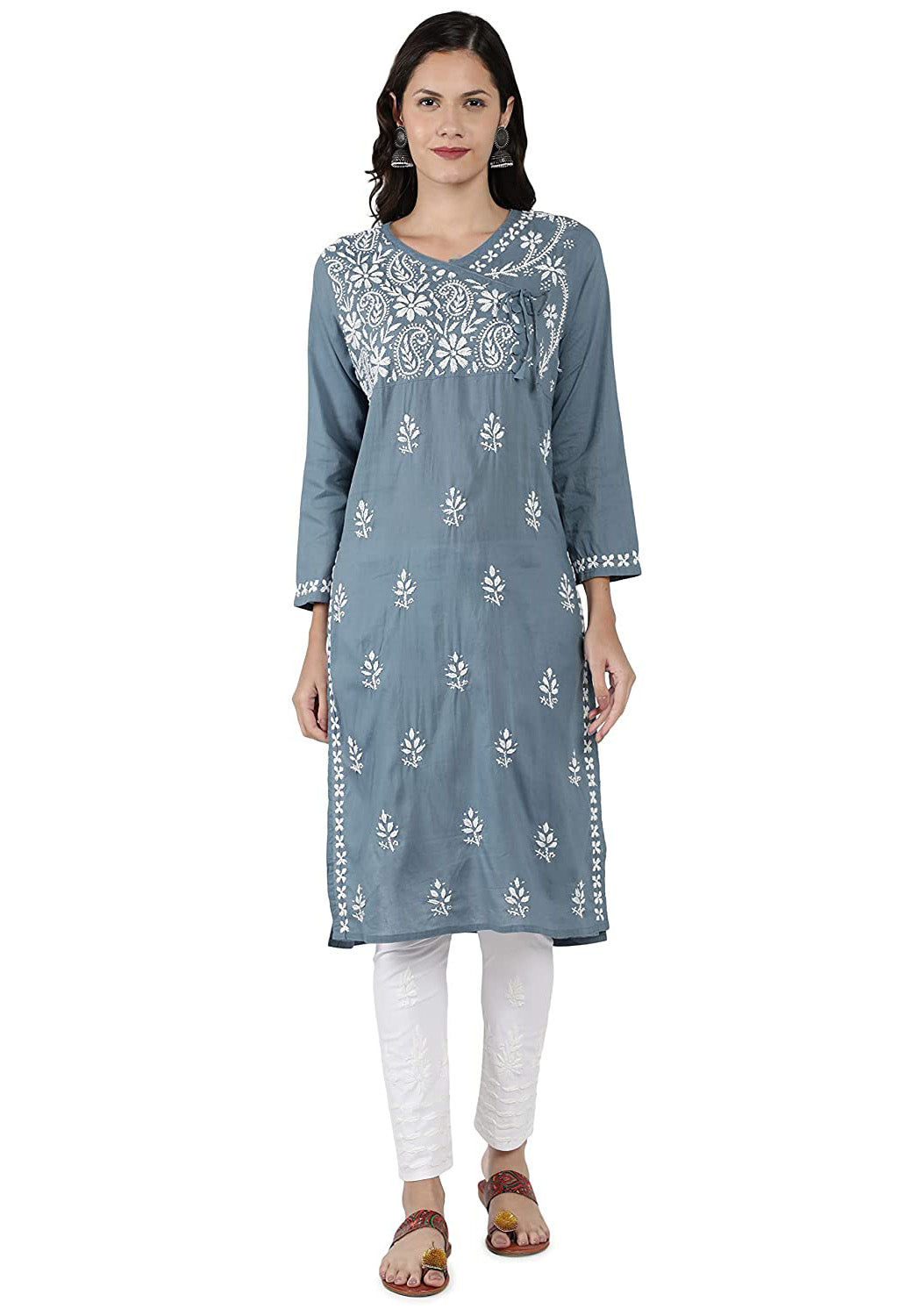 Lucknow Chikan Regular Fit Powder Organic Cotton Kurta with  Flexible Lycra Pants