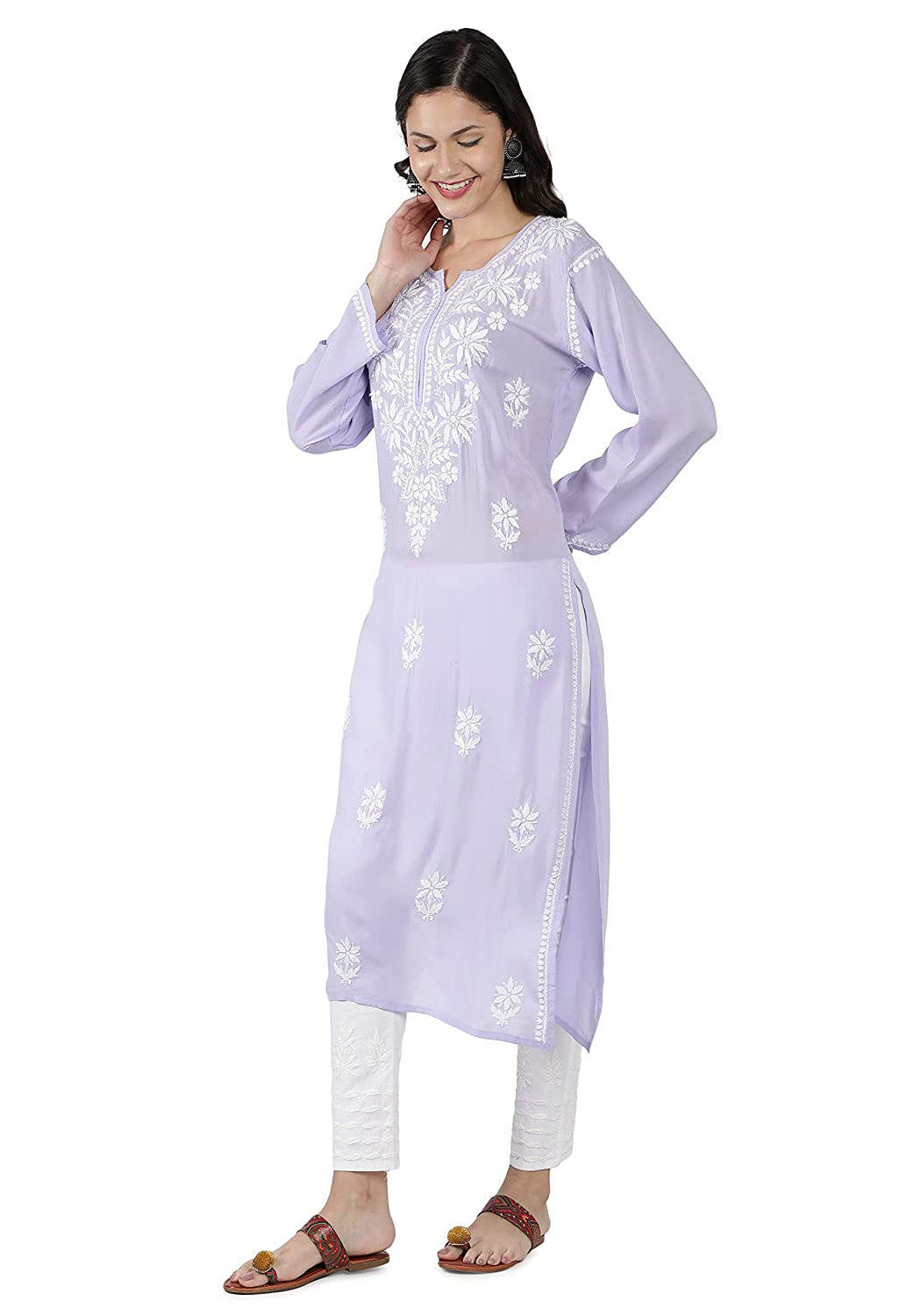 Lucknowi Hand-Embroidery Chikankari Organic Cotton Kurta Set Pastel Lavender & White