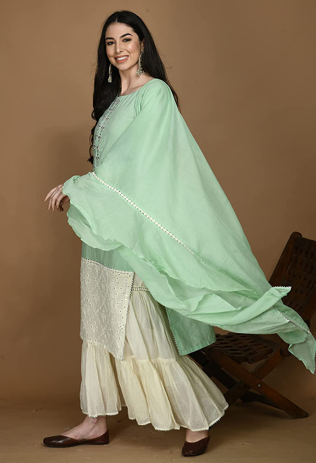 Embroidered Kurta, Palazzo & Dupatta Set