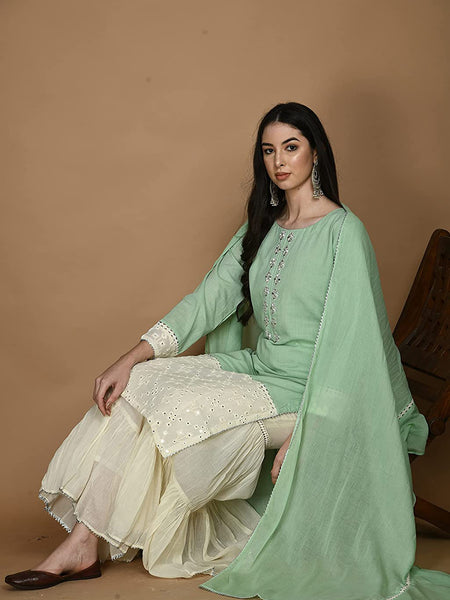 Embroidered Kurta, Palazzo & Dupatta Set