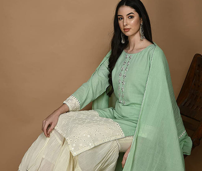 Embroidered Kurta, Palazzo & Dupatta Set