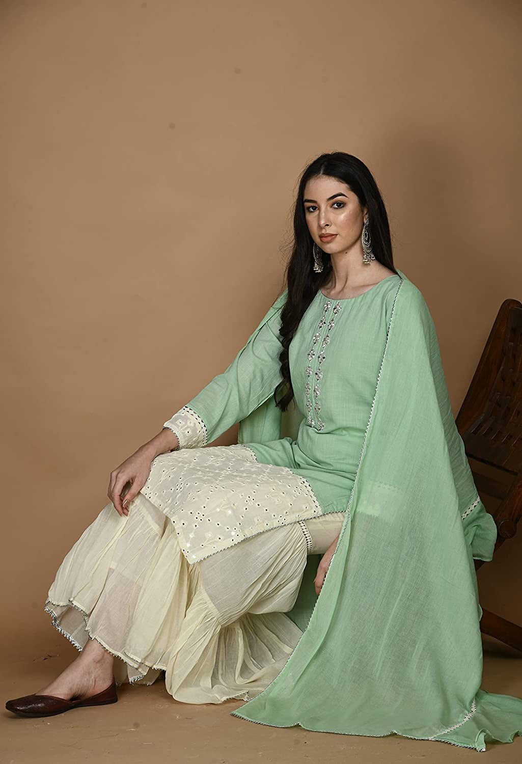 Embroidered Kurta, Palazzo & Dupatta Set