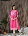 Stitched A-line Pure Cotton Kurta Pant Set Pink & Beige