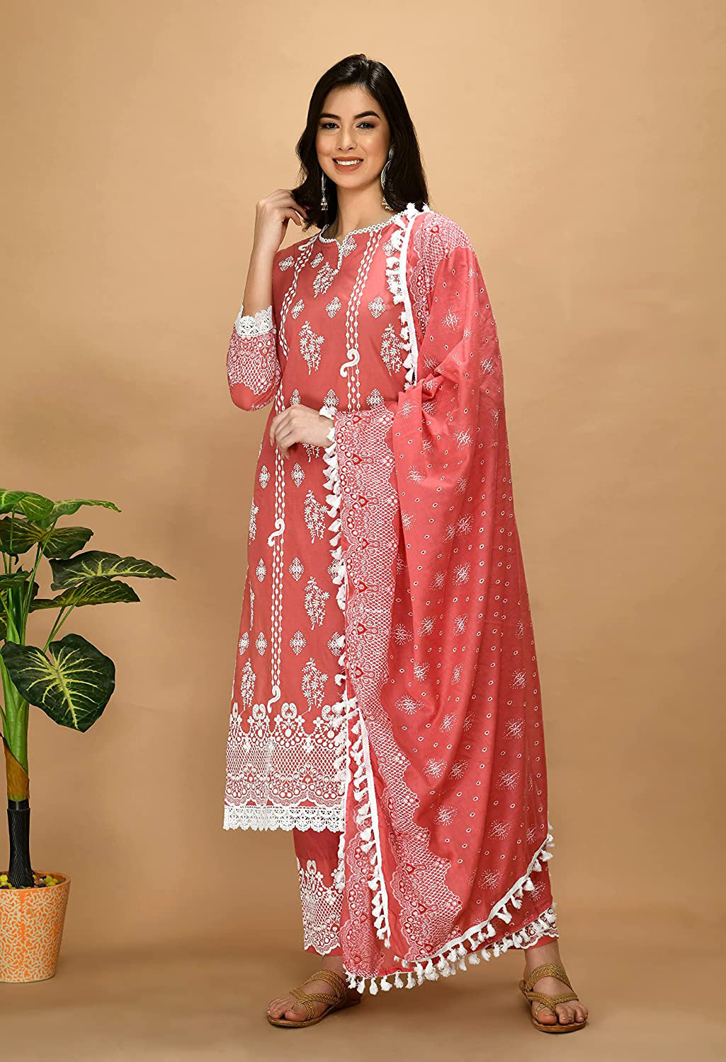 Organic Embroidered Cotton Kurta Kurti Set with Beautiful White Lace