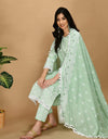 Straight Embroidered Shifli Organic Cotton Kurta Pant and Dupatta Set Color Summer Mint Green