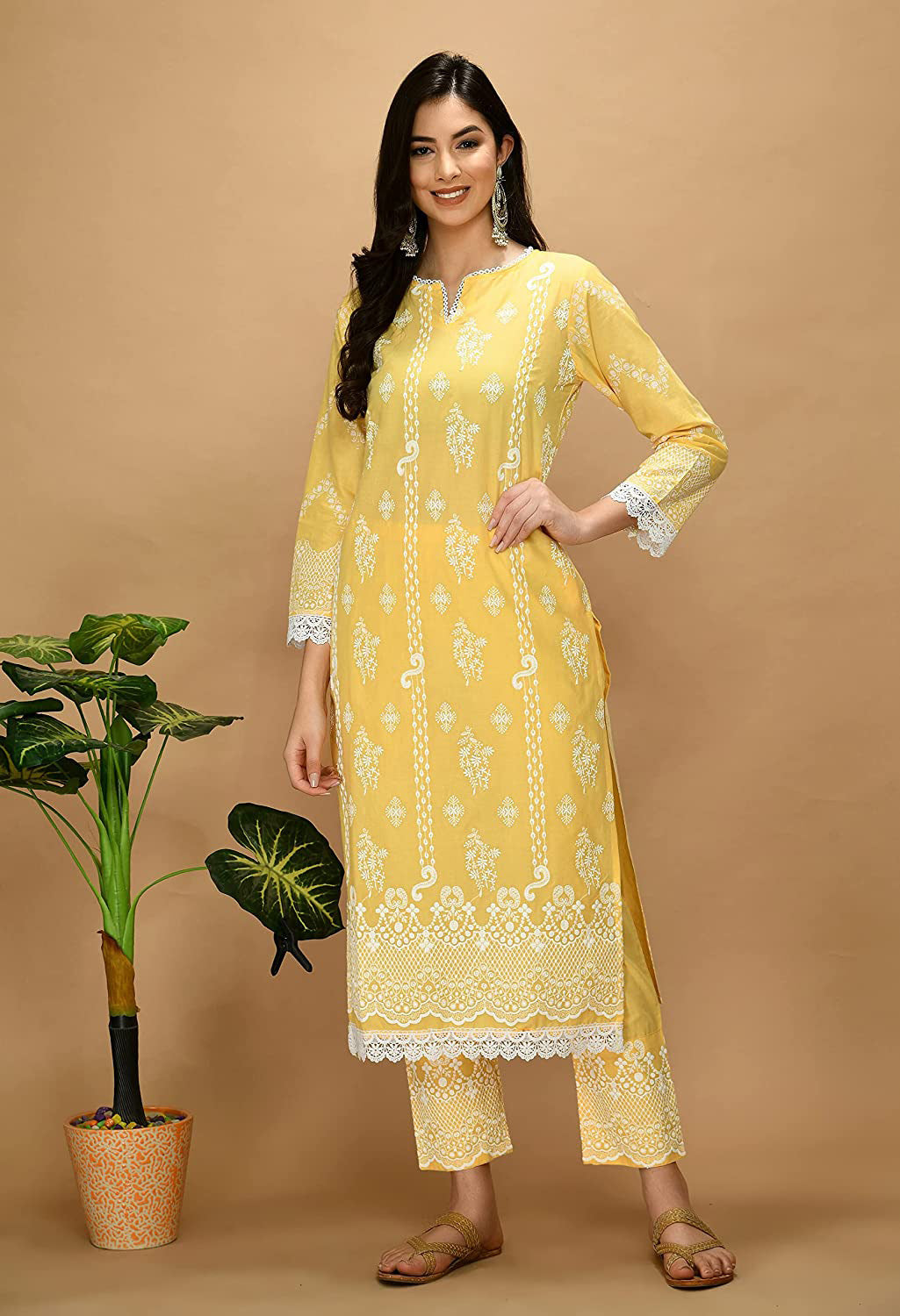Straight Embroidered Shifli Organic Cotton Kurta Pant and Dupatta Set Marigold Yellow