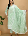 Straight Embroidered Shifli Organic Cotton Kurta Pant and Dupatta Set Color Summer Mint Green