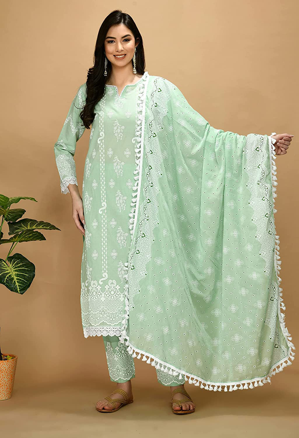Straight Embroidered Shifli Organic Cotton Kurta Pant and Dupatta Set Color Summer Mint Green