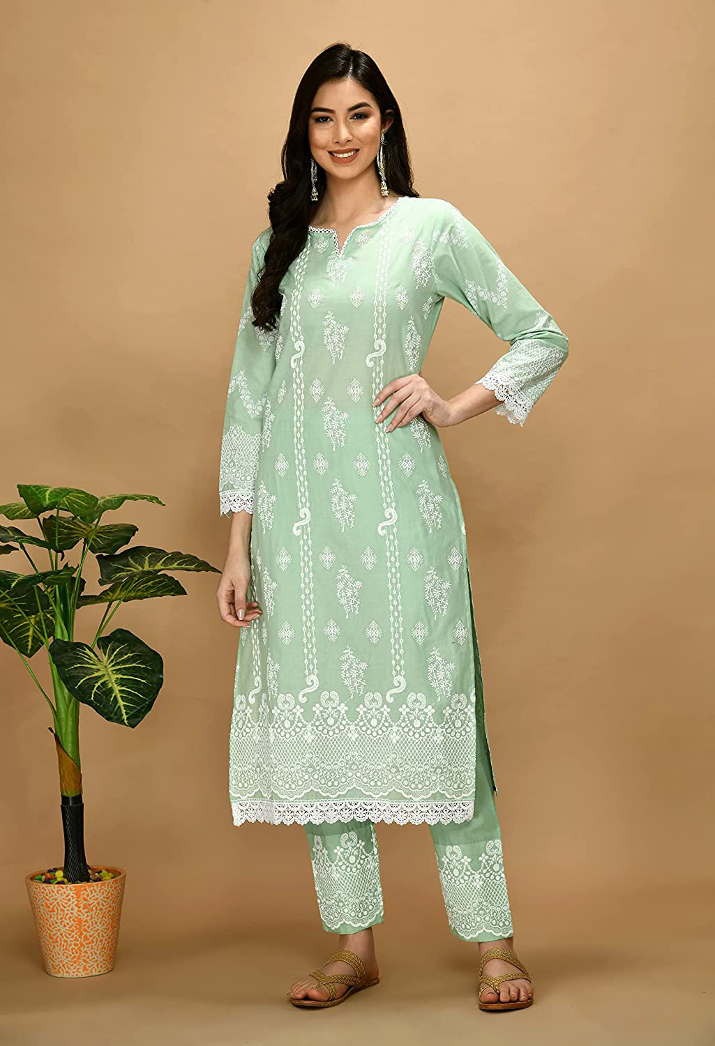 Straight Embroidered Shifli Organic Cotton Kurta Pant and Dupatta Set Color Summer Mint Green