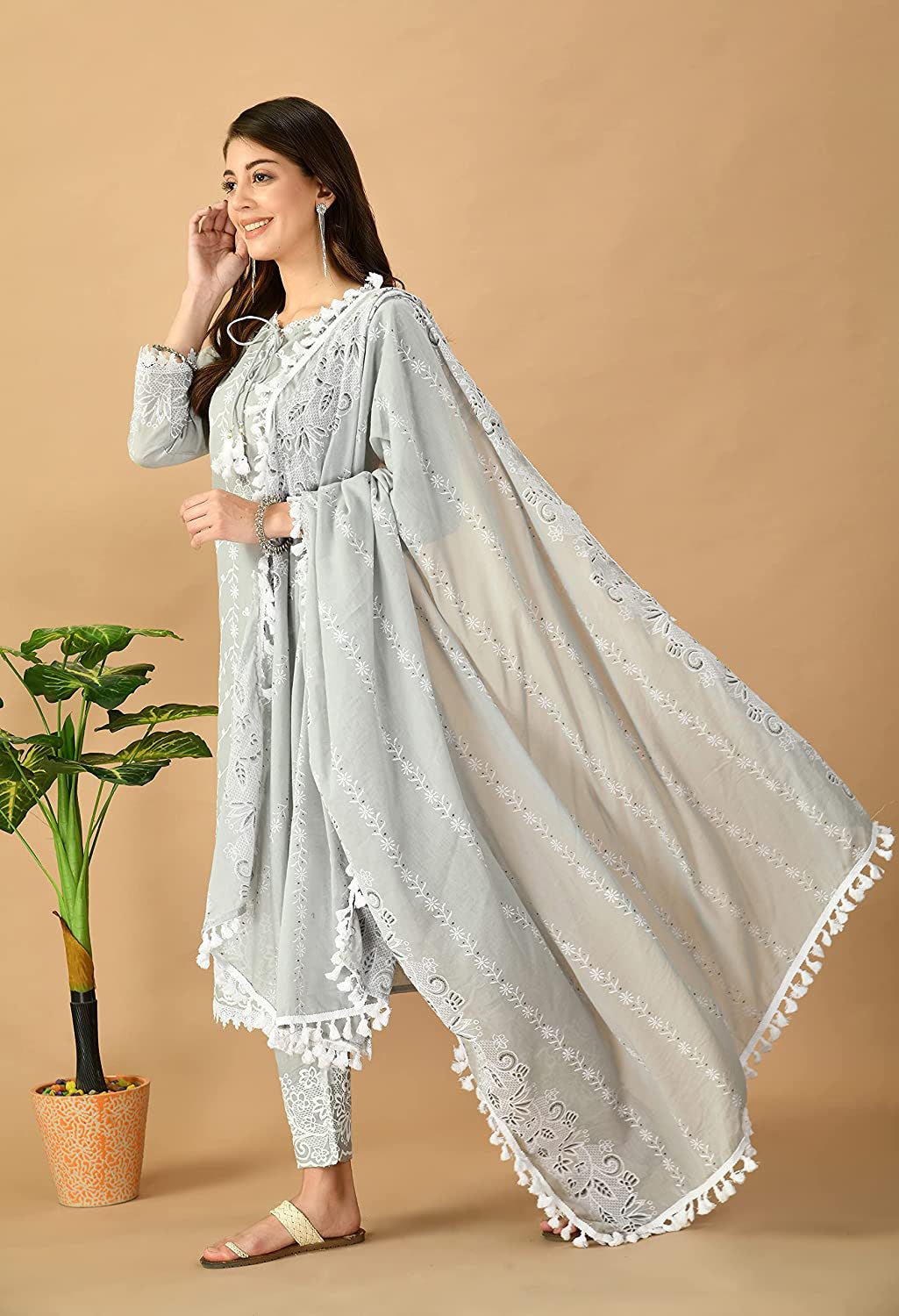 Lucknowi Organic Embroided Pure Cotton Kurta Set with Pant & Dupatta