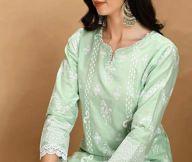 Straight Embroidered Shifli Organic Cotton Kurta Pant and Dupatta Set Color Summer Mint Green