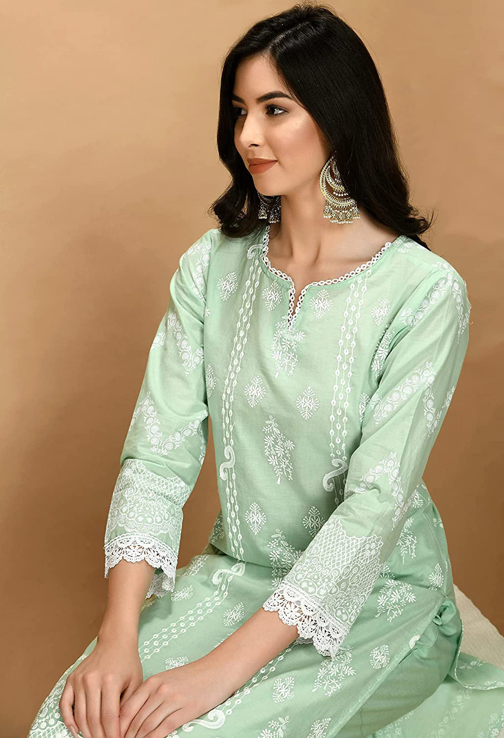 Straight Embroidered Shifli Organic Cotton Kurta Pant and Dupatta Set Color Summer Mint Green