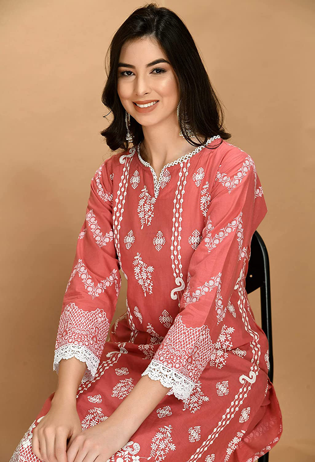 Organic Embroidered Cotton Kurta Kurti Set with Beautiful White Lace
