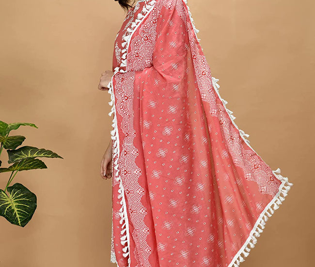 Organic Embroidered Cotton Kurta Kurti Set with Beautiful White Lace