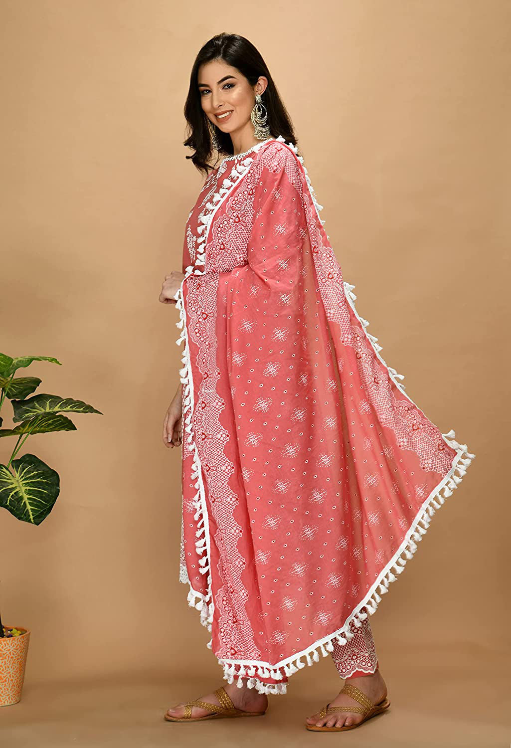 Organic Embroidered Cotton Kurta Kurti Set with Beautiful White Lace