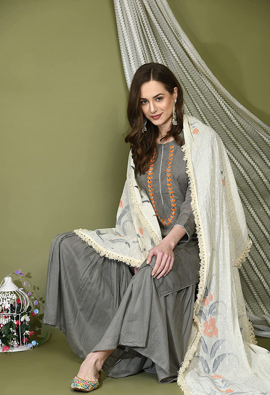 Hand Embroidery Kurta Palazzo Set Grey