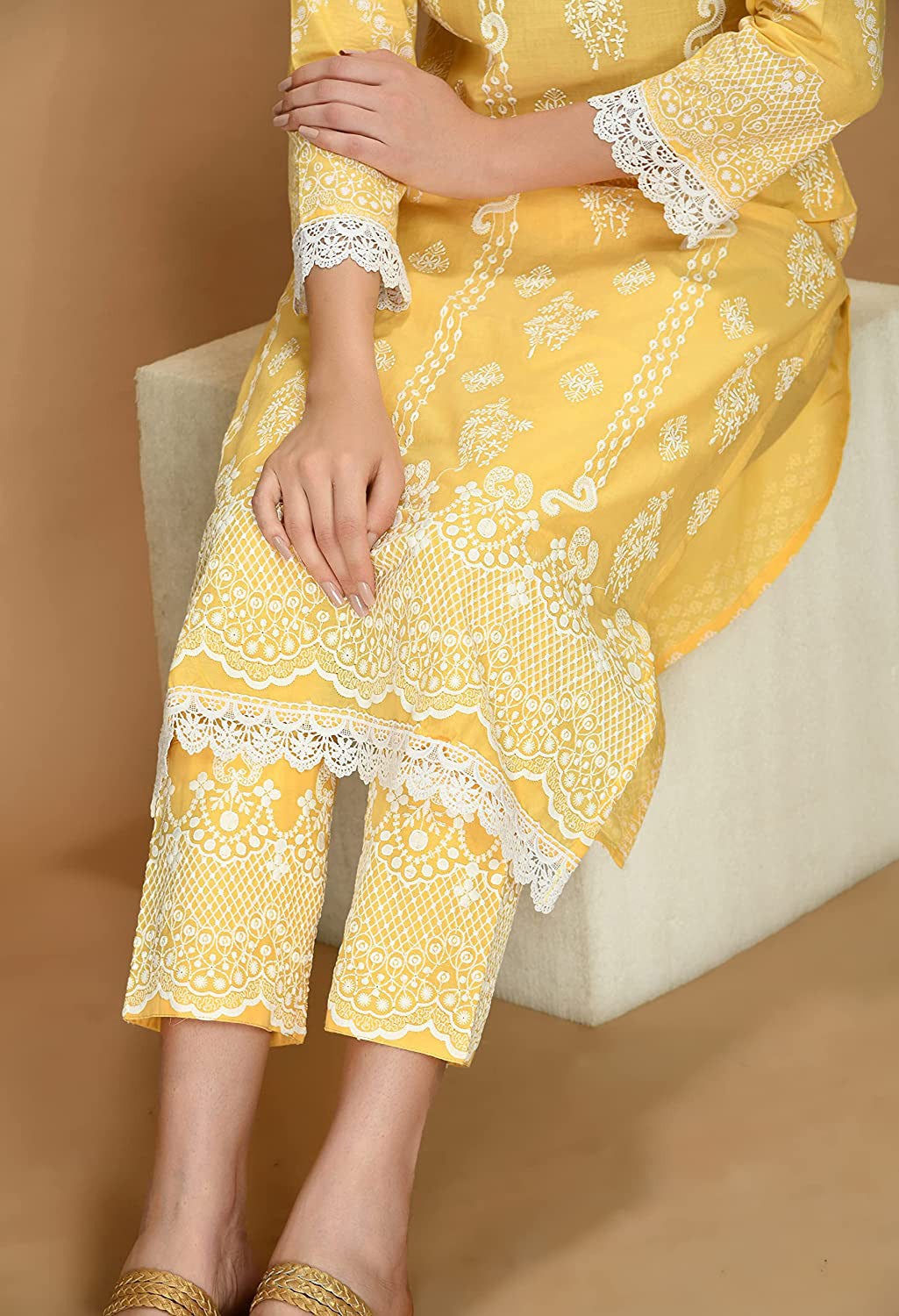 Straight Embroidered Shifli Organic Cotton Kurta Pant and Dupatta Set Marigold Yellow