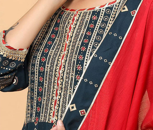 Kurta, Pyjama & Dupatta Set Cotton Silk Green, Gota Patti Work