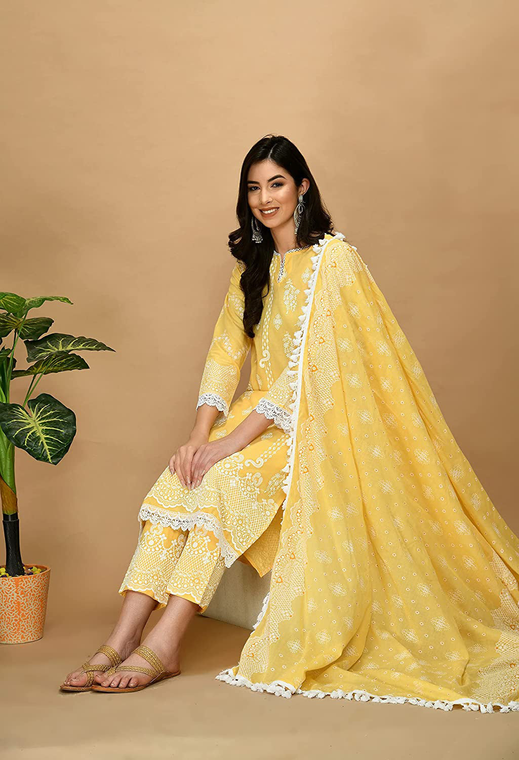Straight Embroidered Shifli Organic Cotton Kurta Pant and Dupatta Set Marigold Yellow