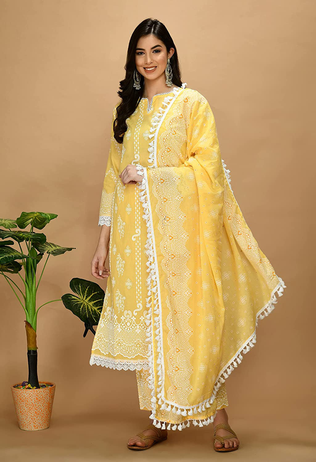 Straight Embroidered Shifli Organic Cotton Kurta Pant and Dupatta Set Marigold Yellow