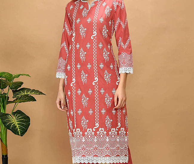 Organic Embroidered Cotton Kurta Kurti Set with Beautiful White Lace