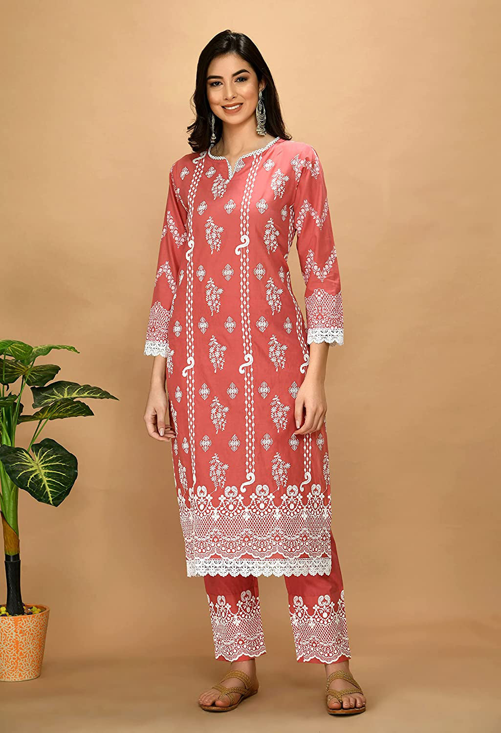 Organic Embroidered Cotton Kurta Kurti Set with Beautiful White Lace