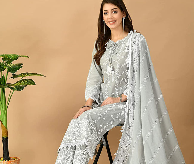 Lucknowi Organic Embroided Pure Cotton Kurta Set with Pant & Dupatta
