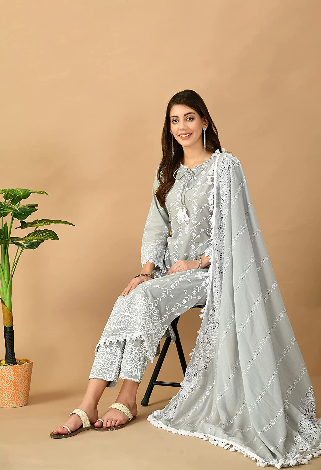 Lucknowi Organic Embroided Pure Cotton Kurta Set with Pant & Dupatta