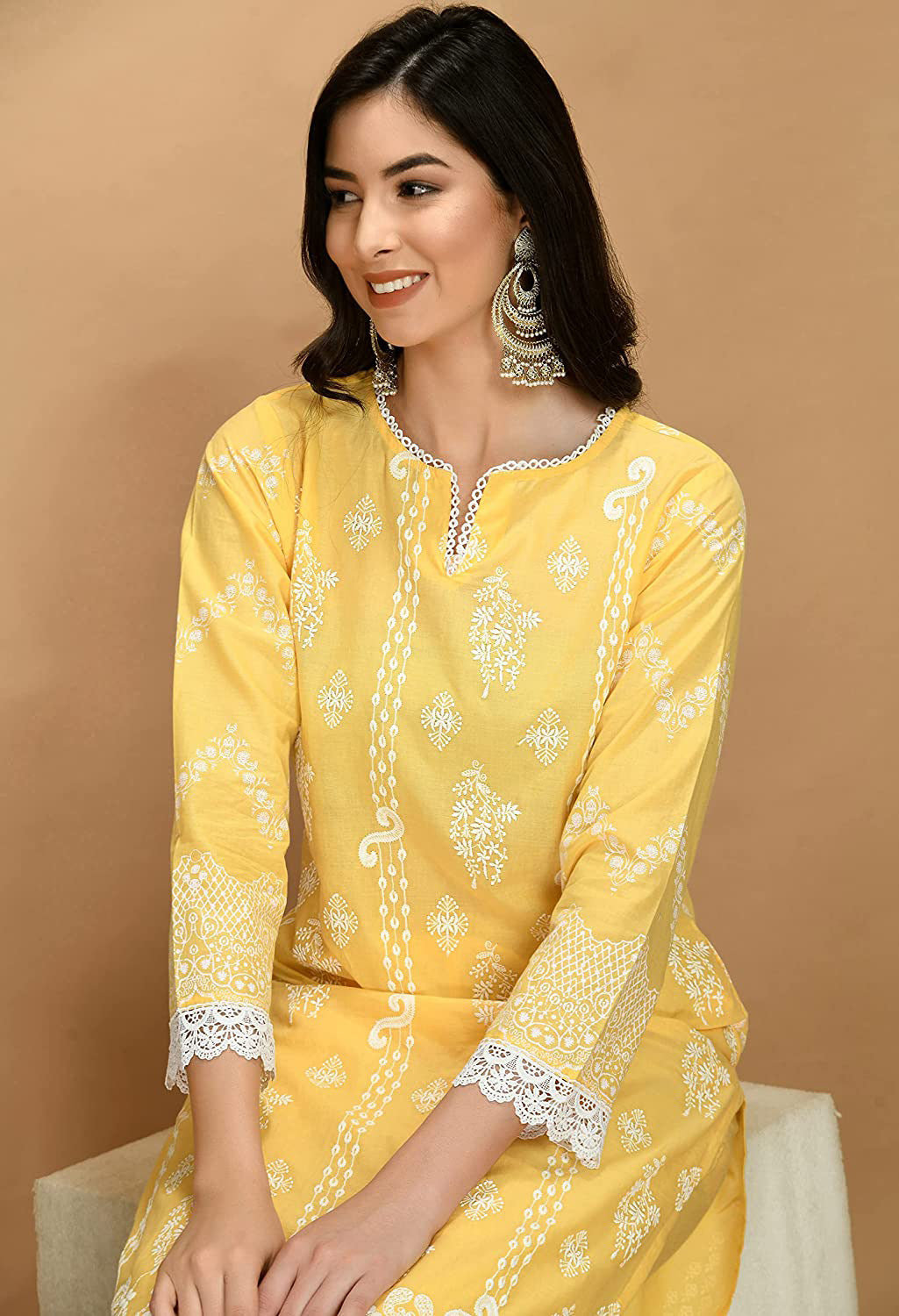 Straight Embroidered Shifli Organic Cotton Kurta Pant and Dupatta Set Marigold Yellow